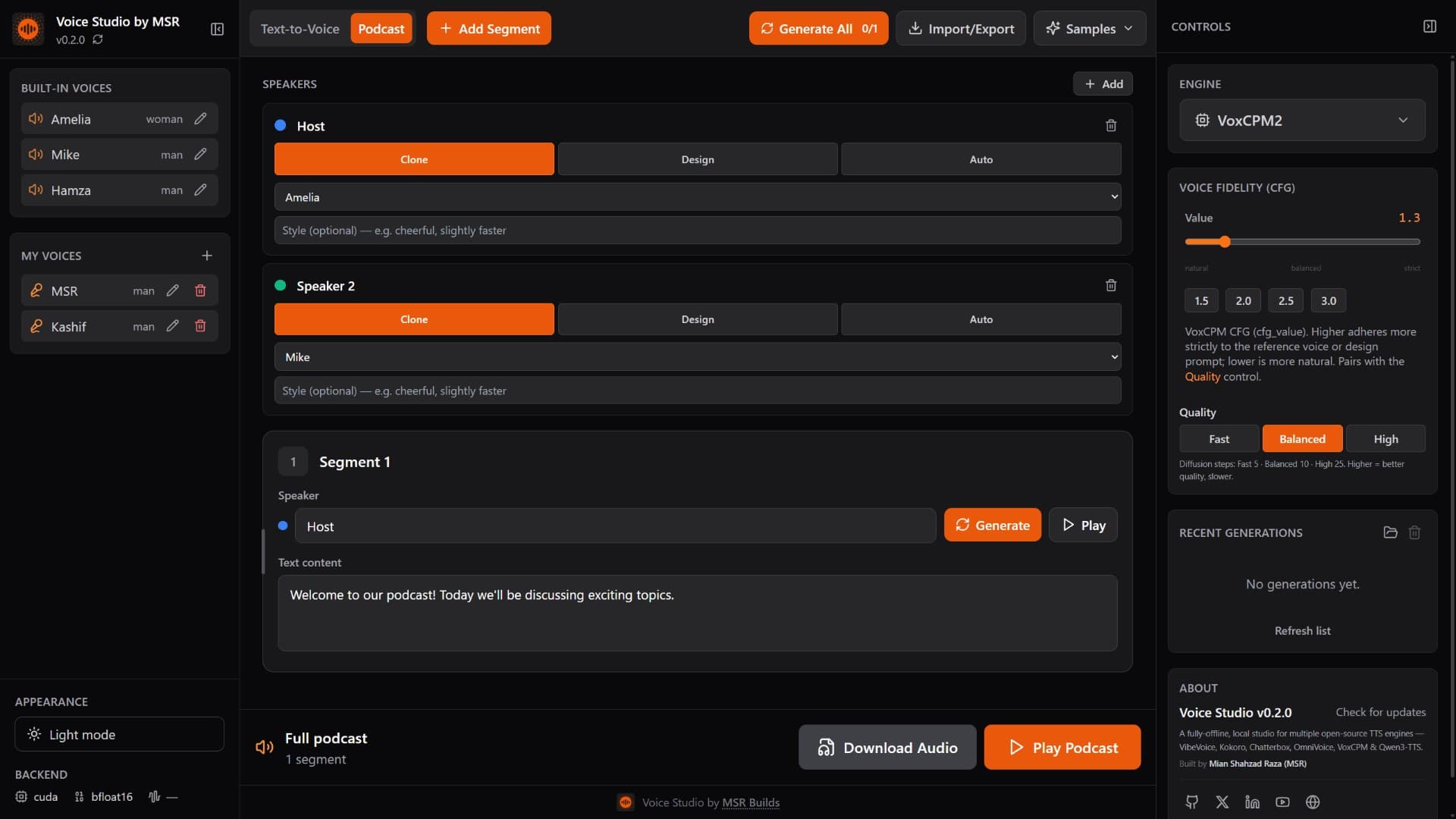 Voice Studio — multi-speaker podcast editor with engine controls